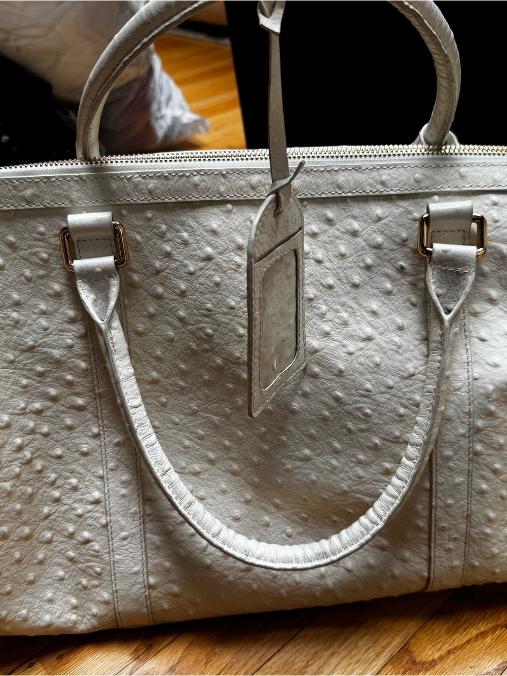 White Textured Ostrich-Style Satchel Bag